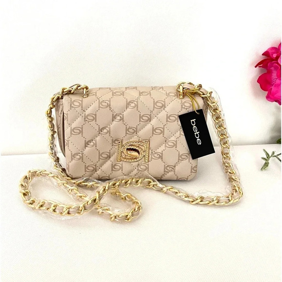 BEBE Liv Monogram Crossbody Bag Bone/Latte Logo - Picture 1 of 8